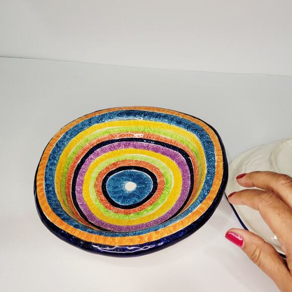 Vintage G. Venzo Italian Pottery Rainbow Asymmetrical Bowls 8½ & 7" Nesting (2) - Picture 2 of 12